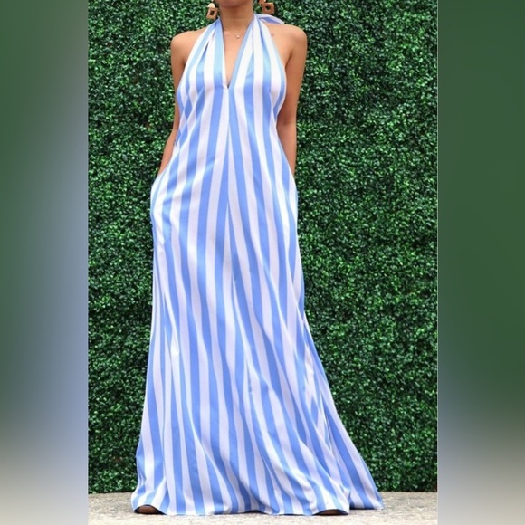 Light Blue Open Back Halter Tie Neck Zipper Closure Striped Detail Maxi Dress - Picture 1 of 17